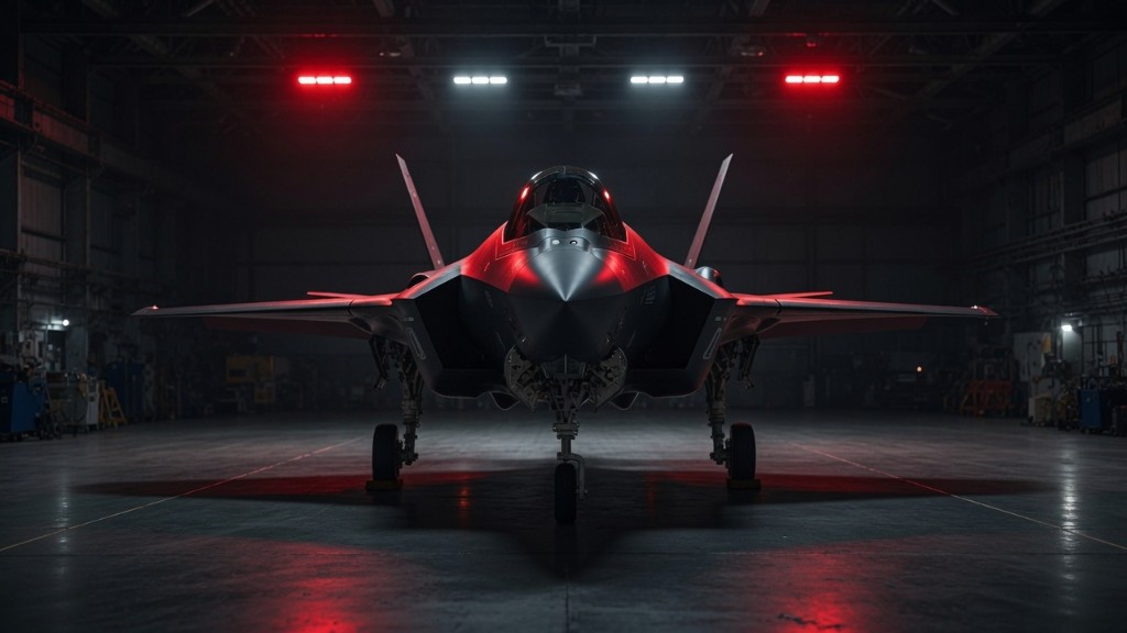 Stealth fighter jet in an aerospace hangar with red and white overhead lighting reflected on the floor.
