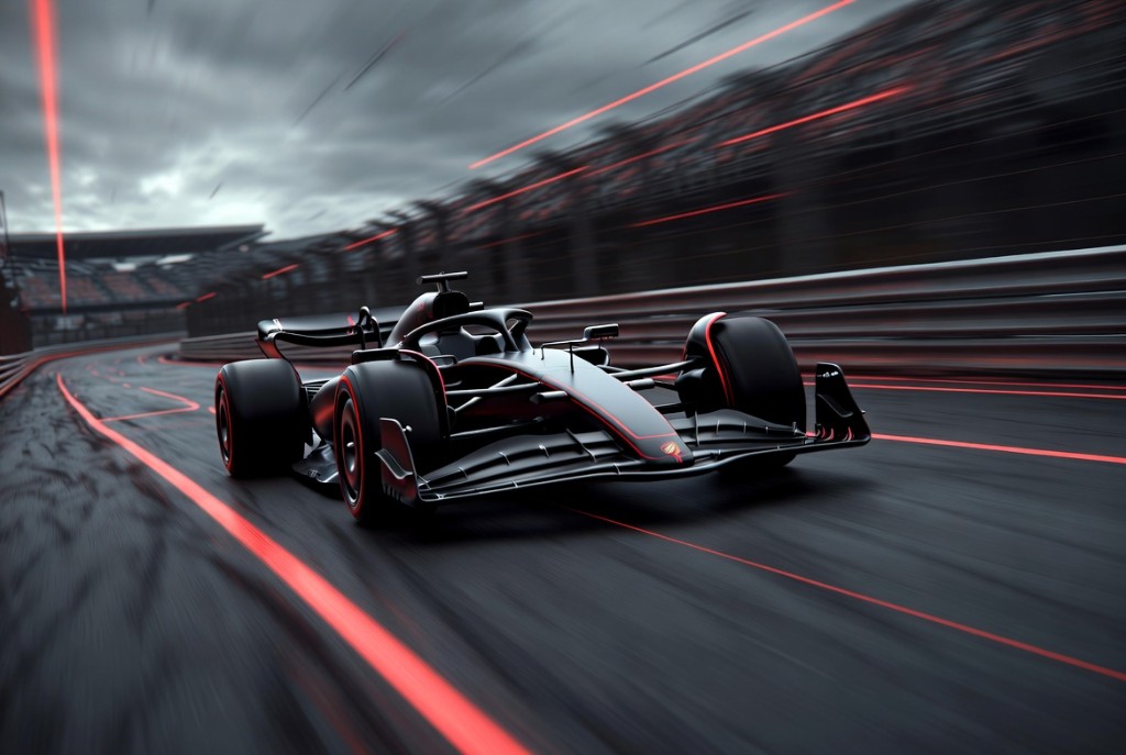 Formula One race car on track at night with red motion light trails.