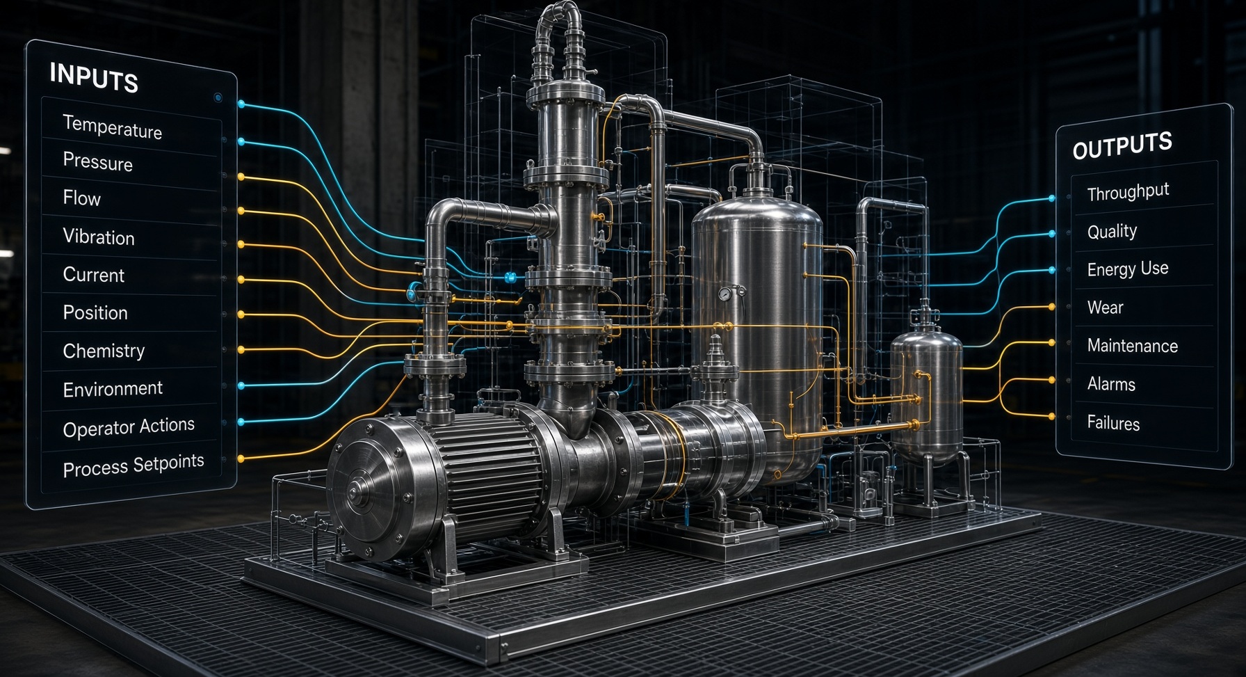 Industrial pump and motor assembly rendered as a glowing wireframe digital twin inside a dark plant environment.