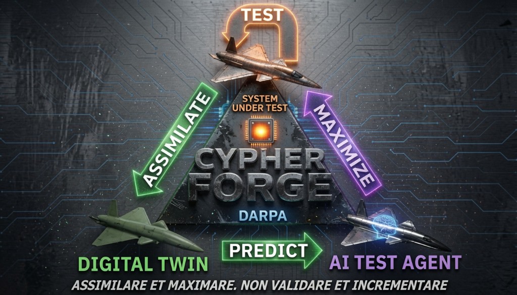 DARPA CyPhER Forge diagram showing digital twin, AI test agent, and system under test