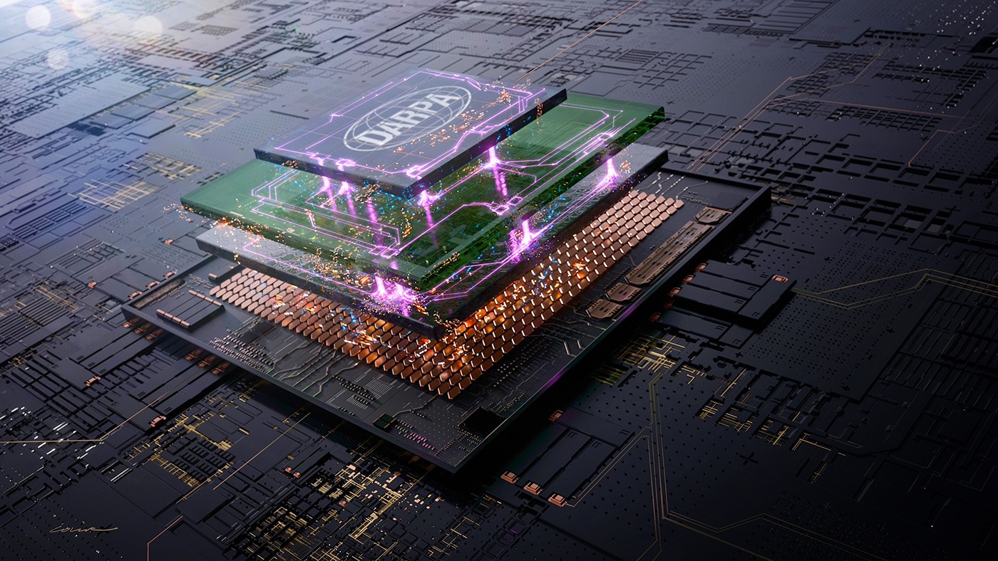 DARPA Next-Generation Microelectronics Manufacturing program graphic showing advanced microchip packaging