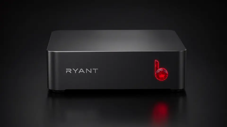 Matte black RYANT edge computing unit with brushed metal branding and a glowing red gemstone power indicator on the right side.